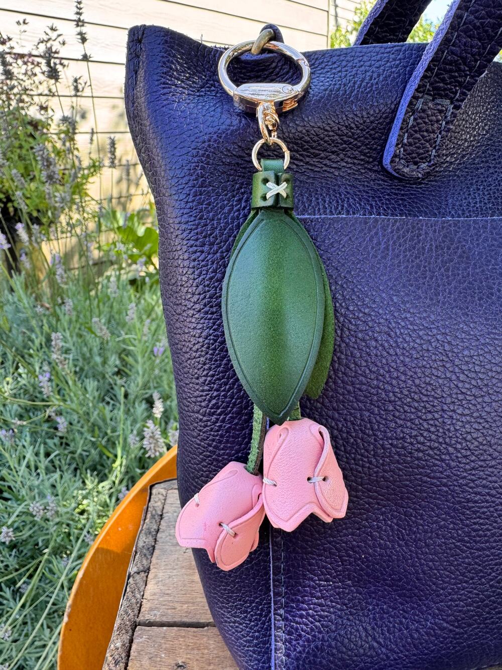 Genuine Leather Pink Tulip Bag Charm Tulip Spring Pink Flower Leather Charm